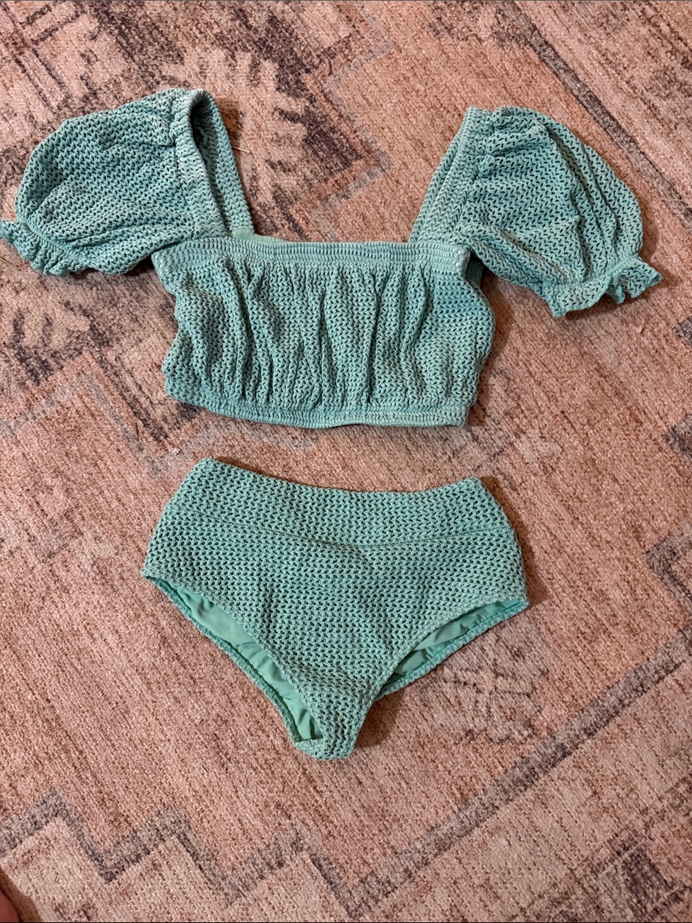 Montce Mint Green Crochet Puff-Sleeve Bandeau Set